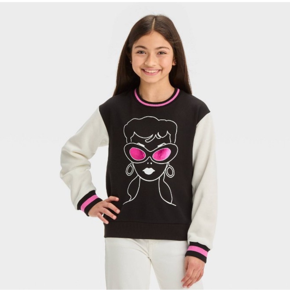 Barbie Black and White Graphic Sweatshirt with Pink Accents